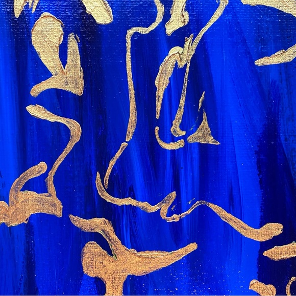 Abstract Acrylic Blue and Gold Scroll Pattern Mini Painting, 6x6" - Picture 2 of 10